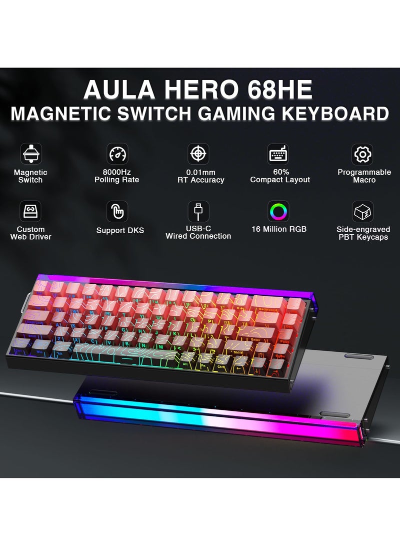 AULA HERO 68 HE 60% Wired Gaming Keyboard, Hall Effect Magnetic Switch Keyboard with Adjustable Actuation, Rapid Trigger Mode, 8K Hz Polling Rate, 0.125ms Latency,RGB Backlit, Side Printed PBT Keycaps  - Image 2