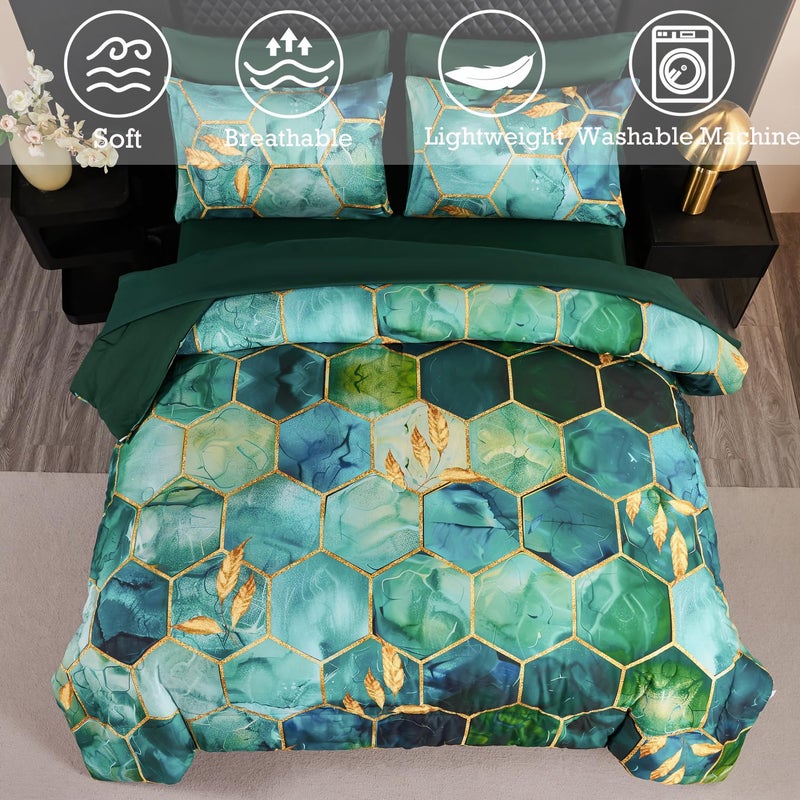 ANGIYUIN 7 Pieces Turquoise Gold Marble Comforter Set Queen Watercolor Printed Bedding Comforter Set Luxury Gold Trim Bed Set Hexagon Honeycomb Bed in A Bag with Sheets(Queen Teal Green) - Image 4