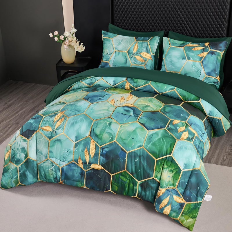 ANGIYUIN 7 Pieces Turquoise Gold Marble Comforter Set Queen Watercolor Printed Bedding Comforter Set Luxury Gold Trim Bed Set Hexagon Honeycomb Bed in A Bag with Sheets(Queen Teal Green) - Image 2