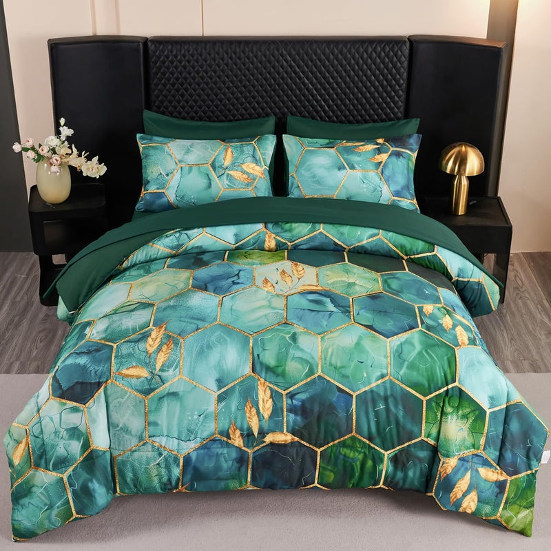 ANGIYUIN 7 Pieces Turquoise Gold Marble Comforter Set Queen Watercolor Printed Bedding Comforter Set Luxury Gold Trim Bed Set Hexagon Honeycomb Bed in A Bag with Sheets(Queen Teal Green) - Image 1