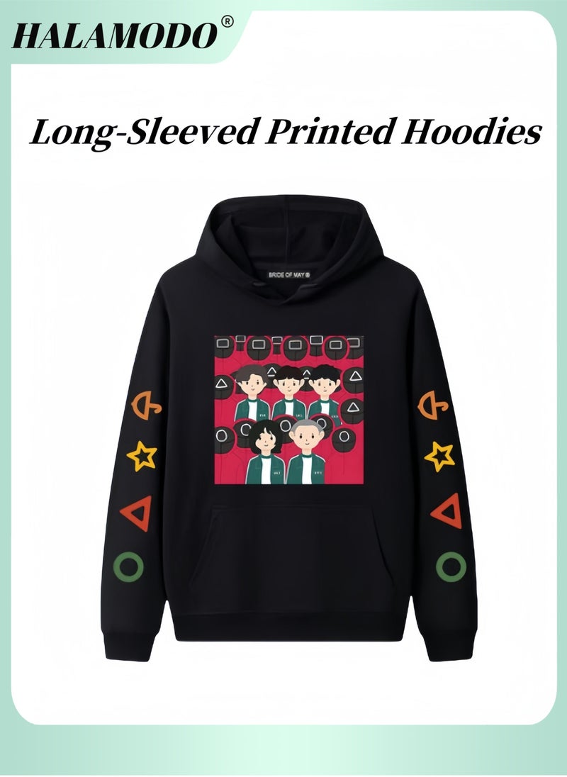 HALAMODO Unisex Hoodies Long-Sleeved Printed Tops Casual Sweatshirts of Soft Cotton Sportswear Fashion Youth Pullovers with Drawstrings and Large Pockets for Daily Wear  - Image 1