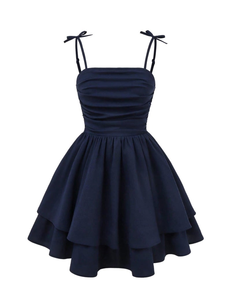 SHENHE Girl's Smocked Ruched A Line Swing Dress Layered Tie Shoulder Flowy Cami Short Dress Dark Blue 14 Years - Image 1
