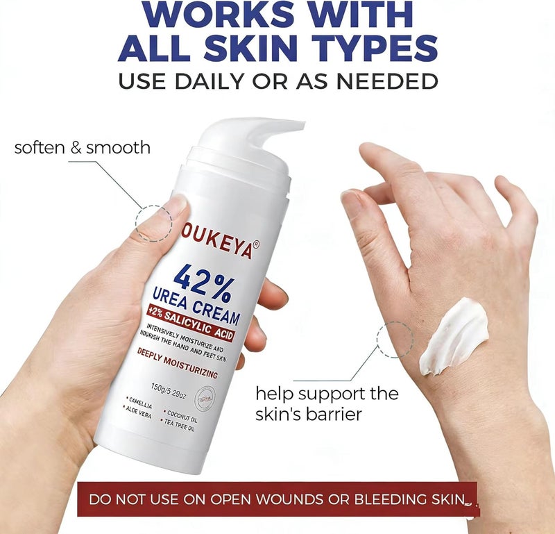 OUKEYA Urea Cream 42% plus Salicylic Acid 2% Intensive Moisturizer for Extremely Dry Chapped, Softens Rough Skin on Hands, Feet, Elbows & Knees, Removes Corns, Calluses, Dead Skin - Image 4