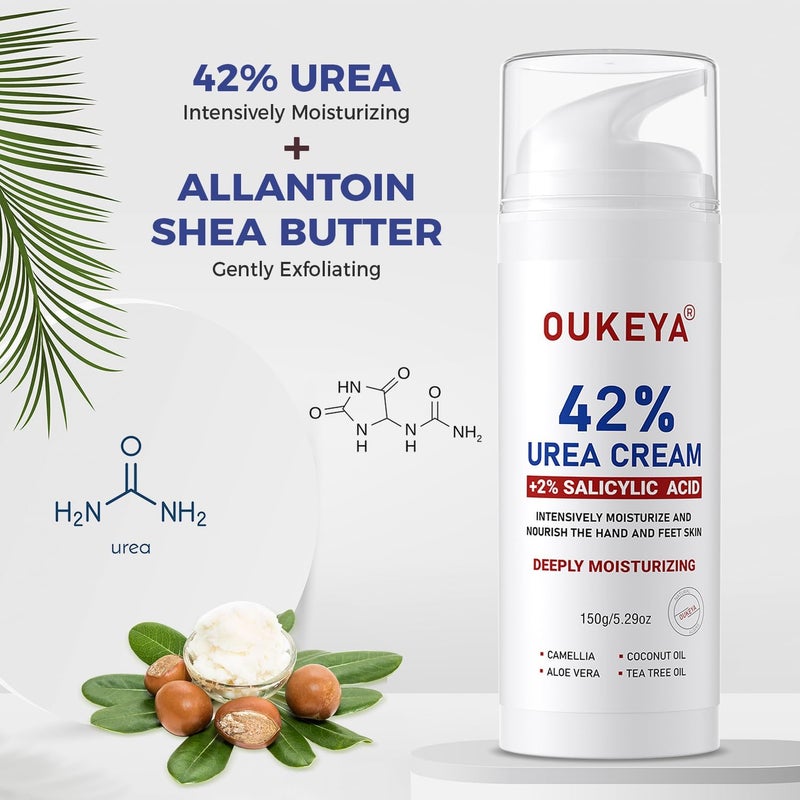 OUKEYA Urea Cream 42% plus Salicylic Acid 2% Intensive Moisturizer for Extremely Dry Chapped, Softens Rough Skin on Hands, Feet, Elbows & Knees, Removes Corns, Calluses, Dead Skin - Image 2