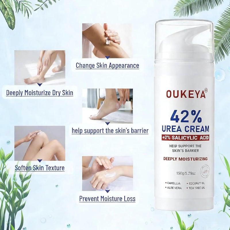 OUKEYA Urea Cream 42% plus Salicylic Acid 2% Intensive Moisturizer for Extremely Dry Chapped, Softens Rough Skin on Hands, Feet, Elbows & Knees, Removes Corns, Calluses, Dead Skin - Image 3