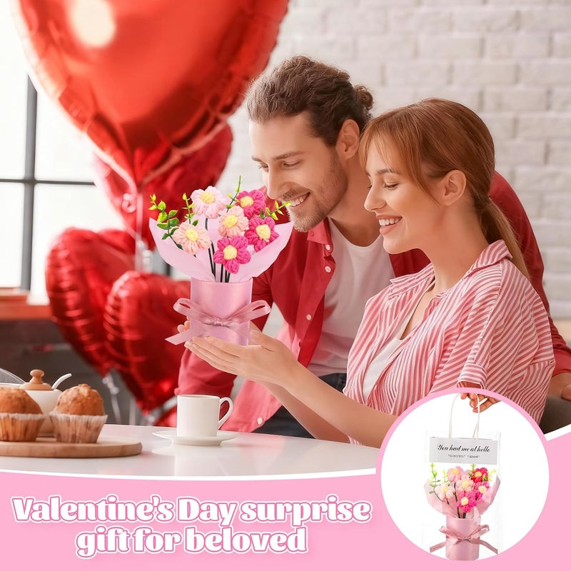 Willinglong 6 Set Valentine's Day Crochet Puff Flowers Potted Plants, 4.7" x 5.9" Mini Artificial Knitted Woven Flowers Bouquets with Gift Bag for Women Table Centerpiece Decoration (Pink) - Image 5
