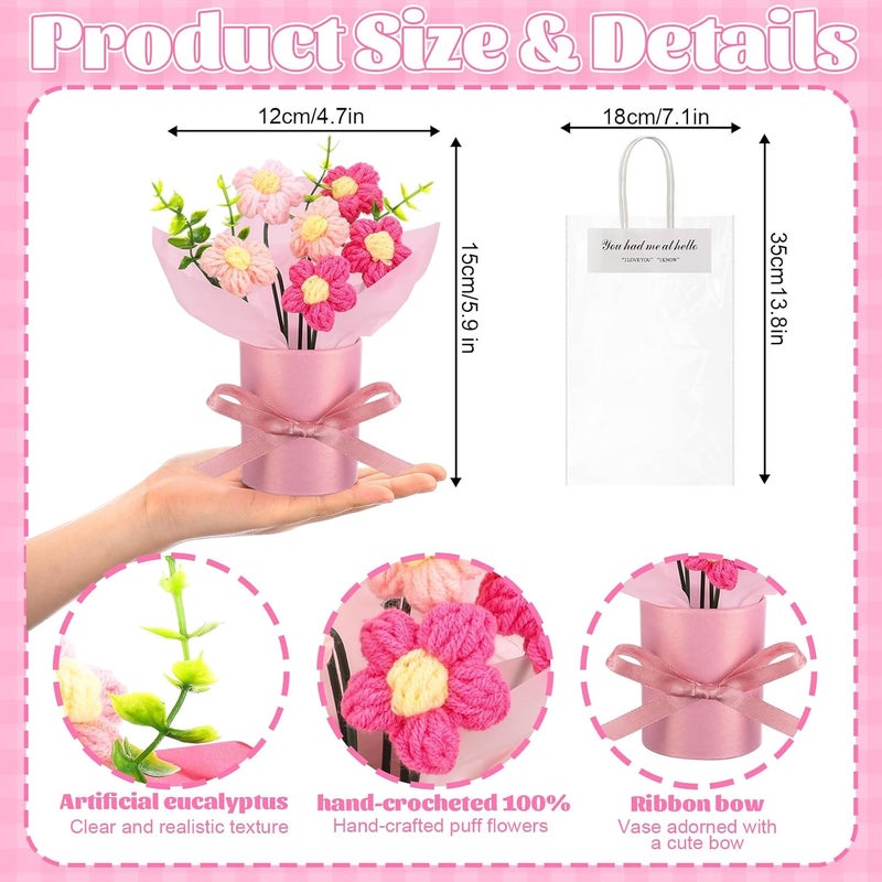Willinglong 6 Set Valentine's Day Crochet Puff Flowers Potted Plants, 4.7" x 5.9" Mini Artificial Knitted Woven Flowers Bouquets with Gift Bag for Women Table Centerpiece Decoration (Pink) - Image 2