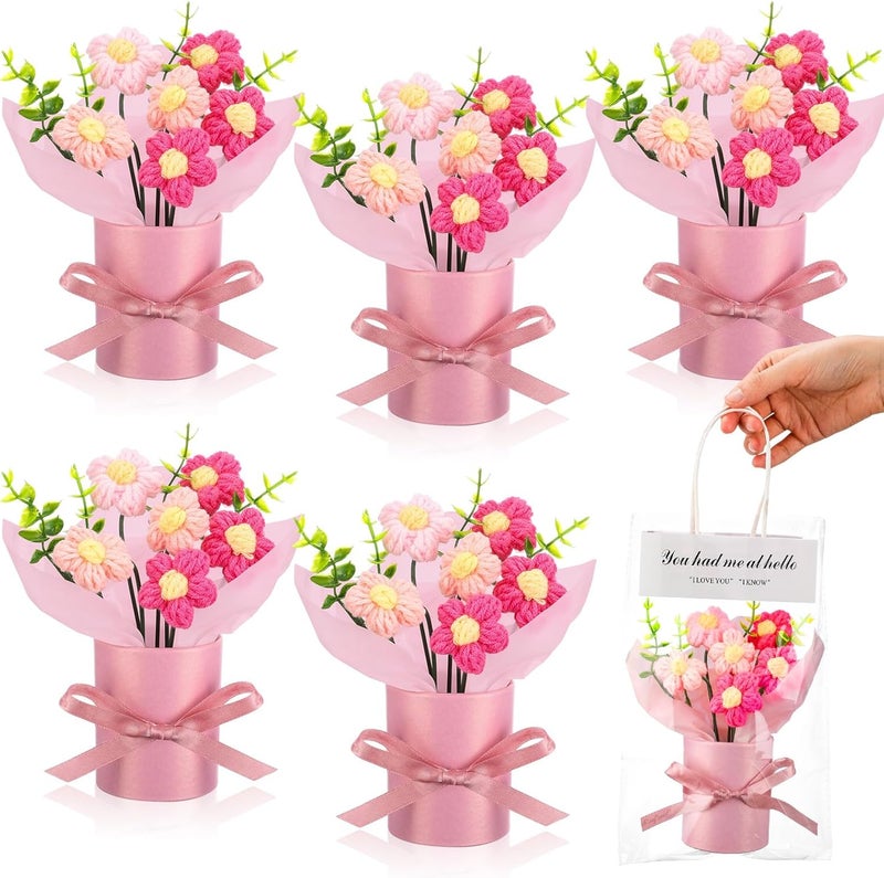 Willinglong 6 Set Valentine's Day Crochet Puff Flowers Potted Plants, 4.7" x 5.9" Mini Artificial Knitted Woven Flowers Bouquets with Gift Bag for Women Table Centerpiece Decoration (Pink) - Image 1