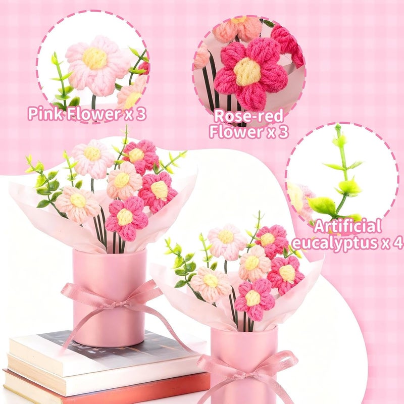 Willinglong 6 Set Valentine's Day Crochet Puff Flowers Potted Plants, 4.7" x 5.9" Mini Artificial Knitted Woven Flowers Bouquets with Gift Bag for Women Table Centerpiece Decoration (Pink) - Image 3