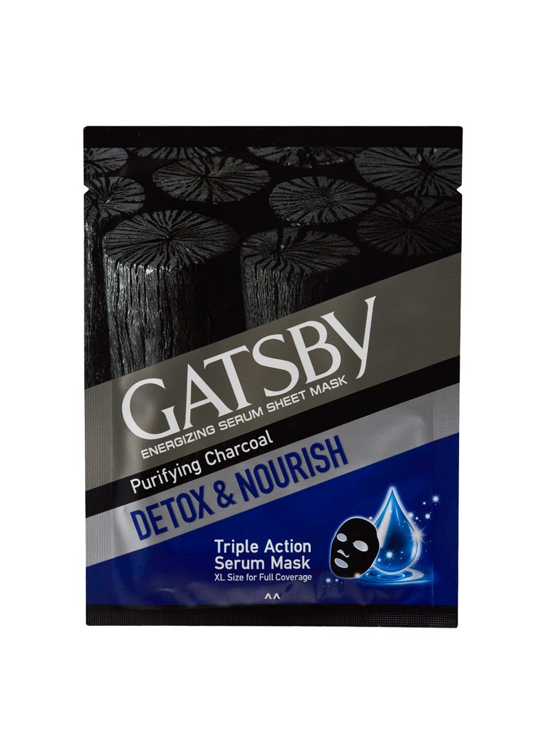 GATSBY Gatsby Energizing Serum Sheet Mask Purifying Charcoal Detox Nourish Activated 100 Natural Bamboo Charcoal Sheet Mask Triple Action Serum Face Mask XL Size For Full Coverage  - Image 1