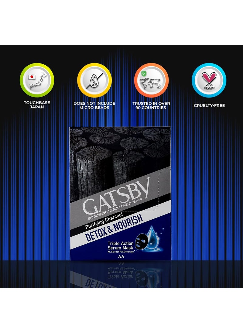 GATSBY Gatsby Energizing Serum Sheet Mask Purifying Charcoal Detox Nourish Activated 100 Natural Bamboo Charcoal Sheet Mask Triple Action Serum Face Mask XL Size For Full Coverage  - Image 4