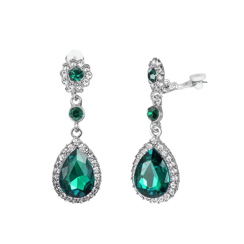 YINLI Gorgeous Austrian Crystal Rhinestone Wedding Bridal Teardrop Drop Dangle Earrings (Clip on Emerald green) - Image 1