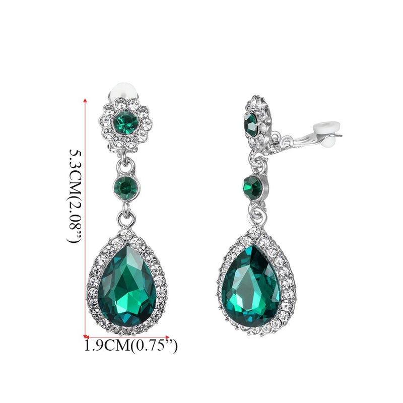 YINLI Gorgeous Austrian Crystal Rhinestone Wedding Bridal Teardrop Drop Dangle Earrings (Clip on Emerald green) - Image 3