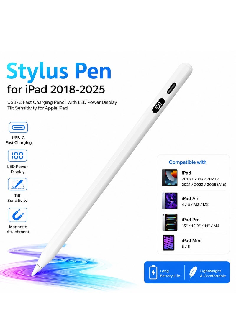 قلم لمس للآيباد 2018–2025، قلم رقمي بشحن سريع USB-C مع شاشة LED لعرض مستوى الطاقة، يدعم حساسية الميل، متوافق مع Apple iPad A10 وiPad الجيل 6/7/8/9، iPad Air 3/4 وM2/M3، iPad Pro مقاس 11 و12.9 و13 بوصة (M4)، وiPad mini 5/6، لون أبيض - Image 1