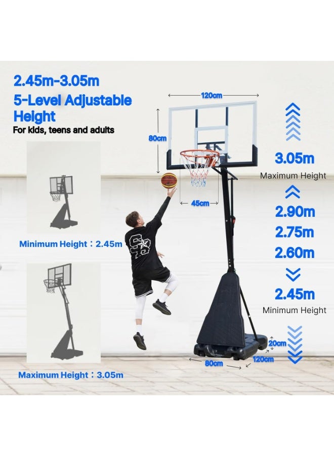 Pikengenus Basketball Hoop Outdoor, 2.45-3.05m Quickly Adjustable Height, 120cm Shatterproof Backboard and Portable Wheels, Basketball Goal System with for Adults/Kids/Teens in Pool/Driveway - Image 2