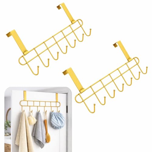 JIALTO 2 Pcs Steel Over The Door Hook Hanger- Wall Hanger for Clothes with Hangers for Wall Bedroom- Bathroom & Kitchen Door Hangers for Clothes of Shirts/Towels with 7 Hook Door Hanger (Gold) - Image 1