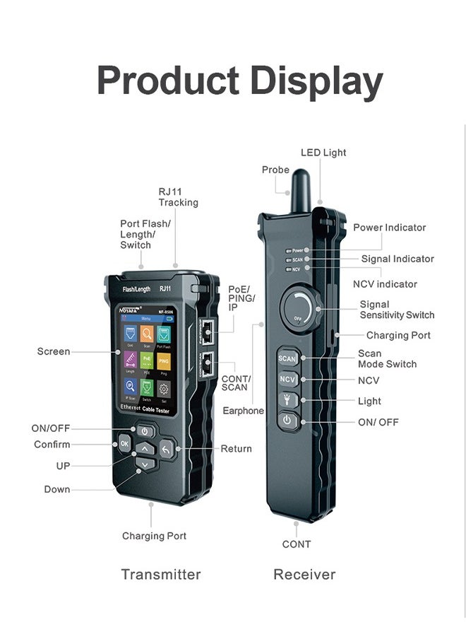 NOYAFA - NOYAFA NF-8506 Network Cable Tester with IP Scan, TDR CAT5 CAT6 Ethernet Cable Tester, PoE PingTest, Network Rate Test, Port Flashing, Network Tester Cable Toner for RJ11 RJ45 - Image 1