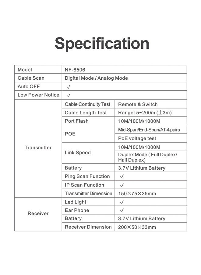 NOYAFA - NOYAFA NF-8506 Network Cable Tester with IP Scan, TDR CAT5 CAT6 Ethernet Cable Tester, PoE PingTest, Network Rate Test, Port Flashing, Network Tester Cable Toner for RJ11 RJ45 - Image 1