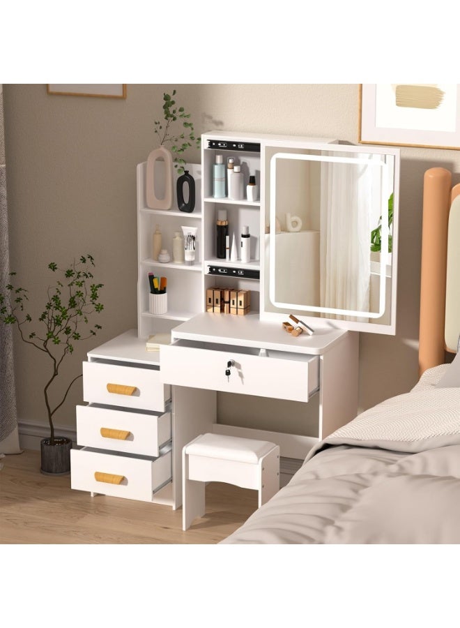 CityRiya-Long Bedroom Vanity Desk Set - Makeup Dressing Table with 3-Color LED Lighted Mirror, Vanity Table with 4 Storage Drawers & Open Shelves, Cosmetic Desk with Padded Stool for Home Small Space（SZZ008） - Image 1