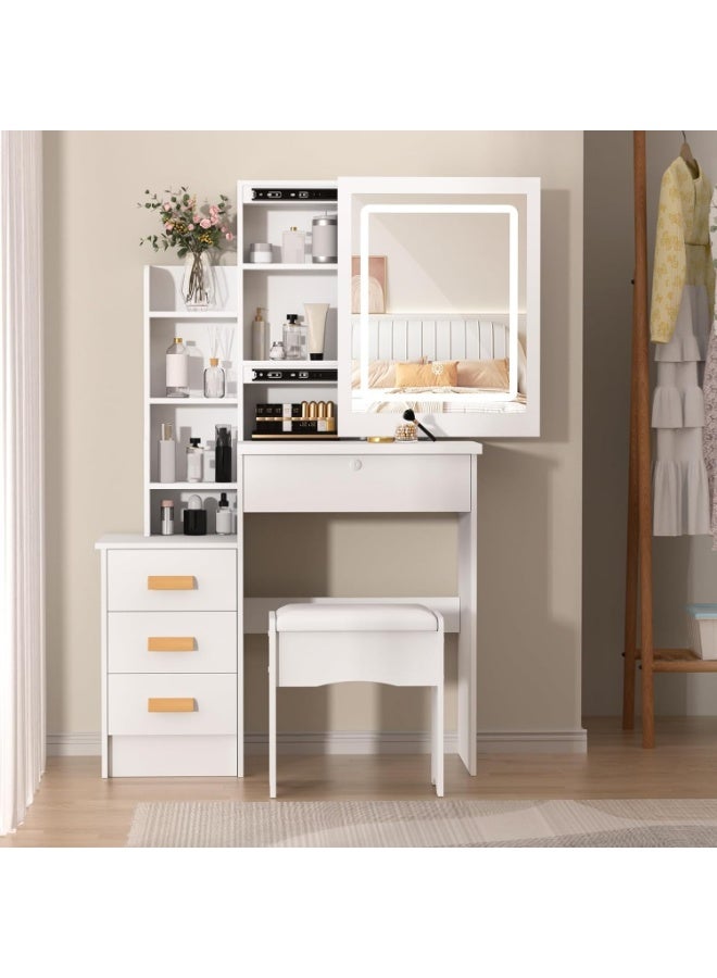 CityRiya-Long Bedroom Vanity Desk Set - Makeup Dressing Table with 3-Color LED Lighted Mirror, Vanity Table with 4 Storage Drawers & Open Shelves, Cosmetic Desk with Padded Stool for Home Small Space（SZZ008） - Image 2