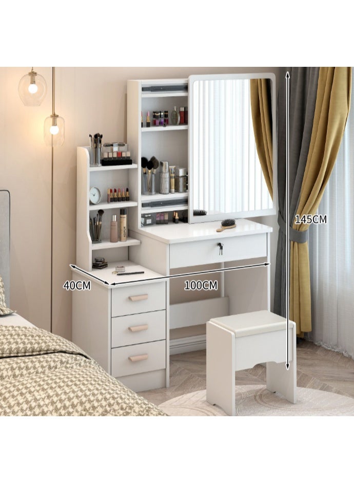 CityRiya-Long Bedroom Vanity Desk Set - Makeup Dressing Table with 3-Color LED Lighted Mirror, Vanity Table with 4 Storage Drawers & Open Shelves, Cosmetic Desk with Padded Stool for Home Small Space（SZZ008） - Image 3