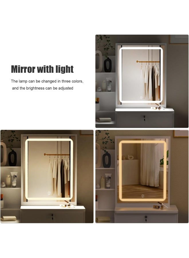 CityRiya-Long Bedroom Vanity Desk Set - Makeup Dressing Table with 3-Color LED Lighted Mirror, Vanity Table with 4 Storage Drawers & Open Shelves, Cosmetic Desk with Padded Stool for Home Small Space（SZZ008） - Image 4