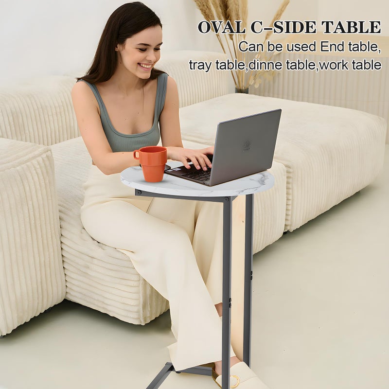 Katrawu C Shaped End Side Table, Small Oval Couch Sofa Table for Bed, Snack Side Table with Metal Frame, TV Tray Table with White Marble for Small Space, Living Room, Bedroom, Bedside, Black - Image 4