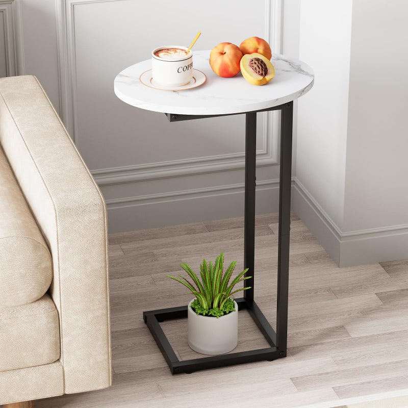 Katrawu C Shaped End Side Table, Small Oval Couch Sofa Table for Bed, Snack Side Table with Metal Frame, TV Tray Table with White Marble for Small Space, Living Room, Bedroom, Bedside, Black - Image 1