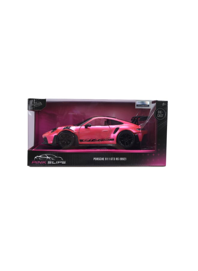 JADA جادة سلاسل وردية 1:24 - بورش 911 (992) GT3RS، سيارة مصبوبة مع قاعدة، ألعاب للأطفال والبالغين - Image 2