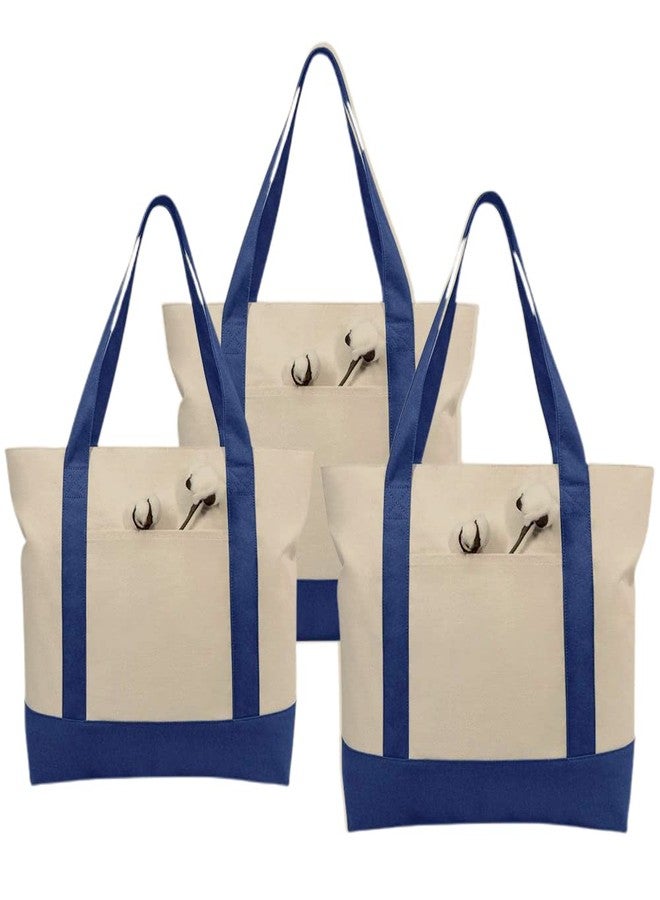 Simpli-Magic Stylish Canvas Tote Bag with an External Pocket, Top Zipper Closure, Daily Essentials, 3 Pack, 20" x 15" x 6", Blue/Natural