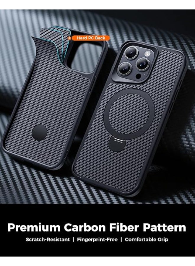 iPhone 16 Pro Case with 180° Magnetic Stand, Carbon Fiber Phone Case [Compatible with Magsafe] [16FT Military Protection] with Stand Ring - Image 1