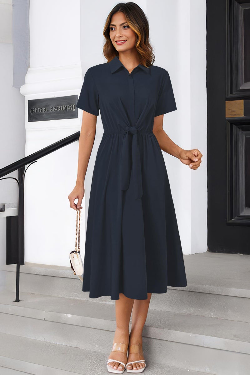 Newshows Womens Wear to Work Navy Blue Business Casual Outfits Teacher Tie Waist Shirt Summer Church Funeral Long Midi Pocket Dresses Office Attire Dressy (Navy,L) - Image 2