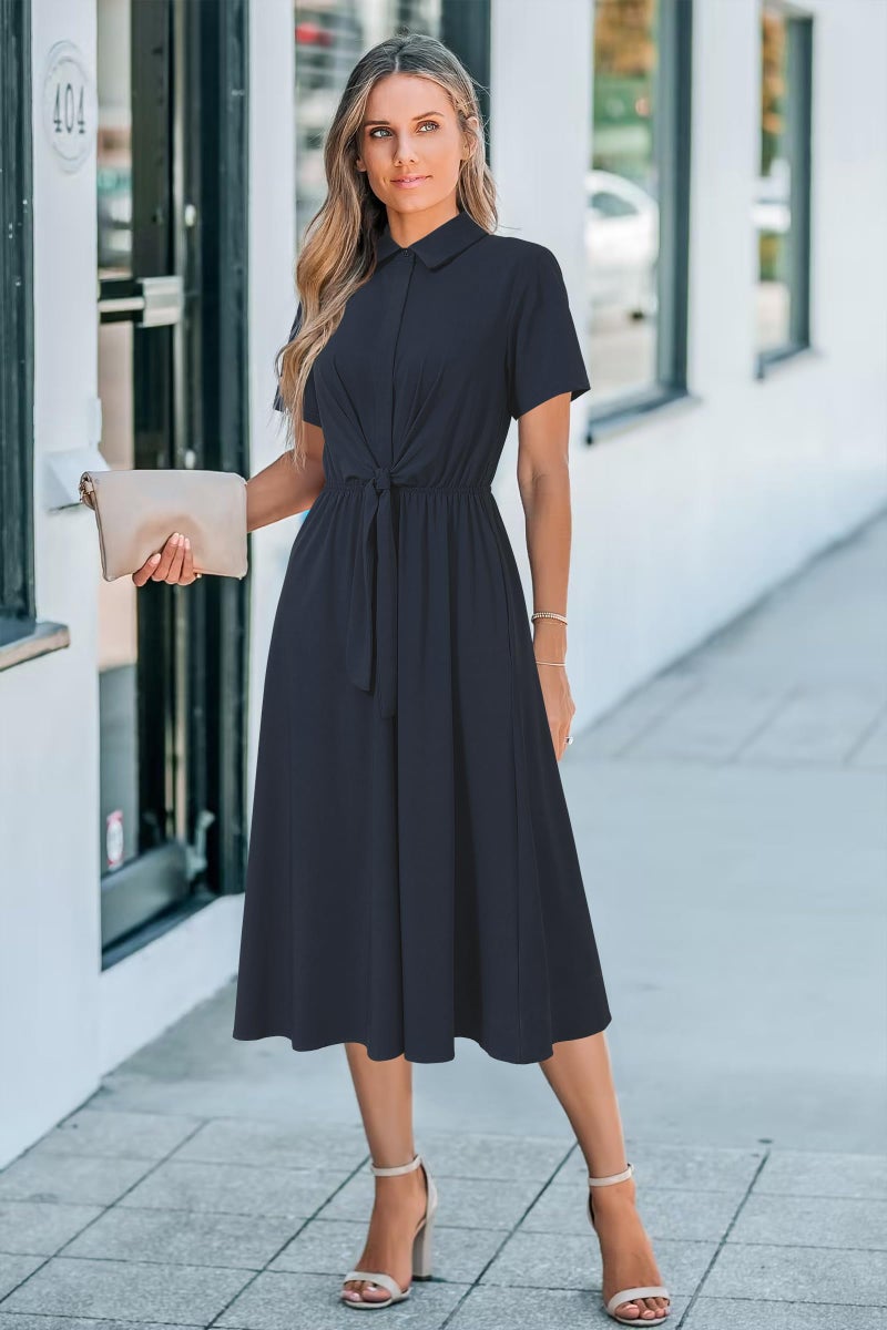 Newshows Womens Wear to Work Navy Blue Business Casual Outfits Teacher Tie Waist Shirt Summer Church Funeral Long Midi Pocket Dresses Office Attire Dressy (Navy,L) - Image 3