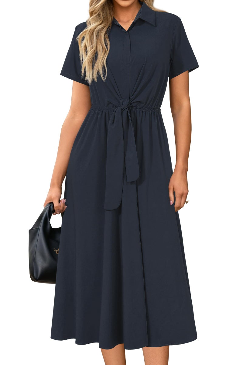 Newshows Womens Wear to Work Navy Blue Business Casual Outfits Teacher Tie Waist Shirt Summer Church Funeral Long Midi Pocket Dresses Office Attire Dressy (Navy,L) - Image 1