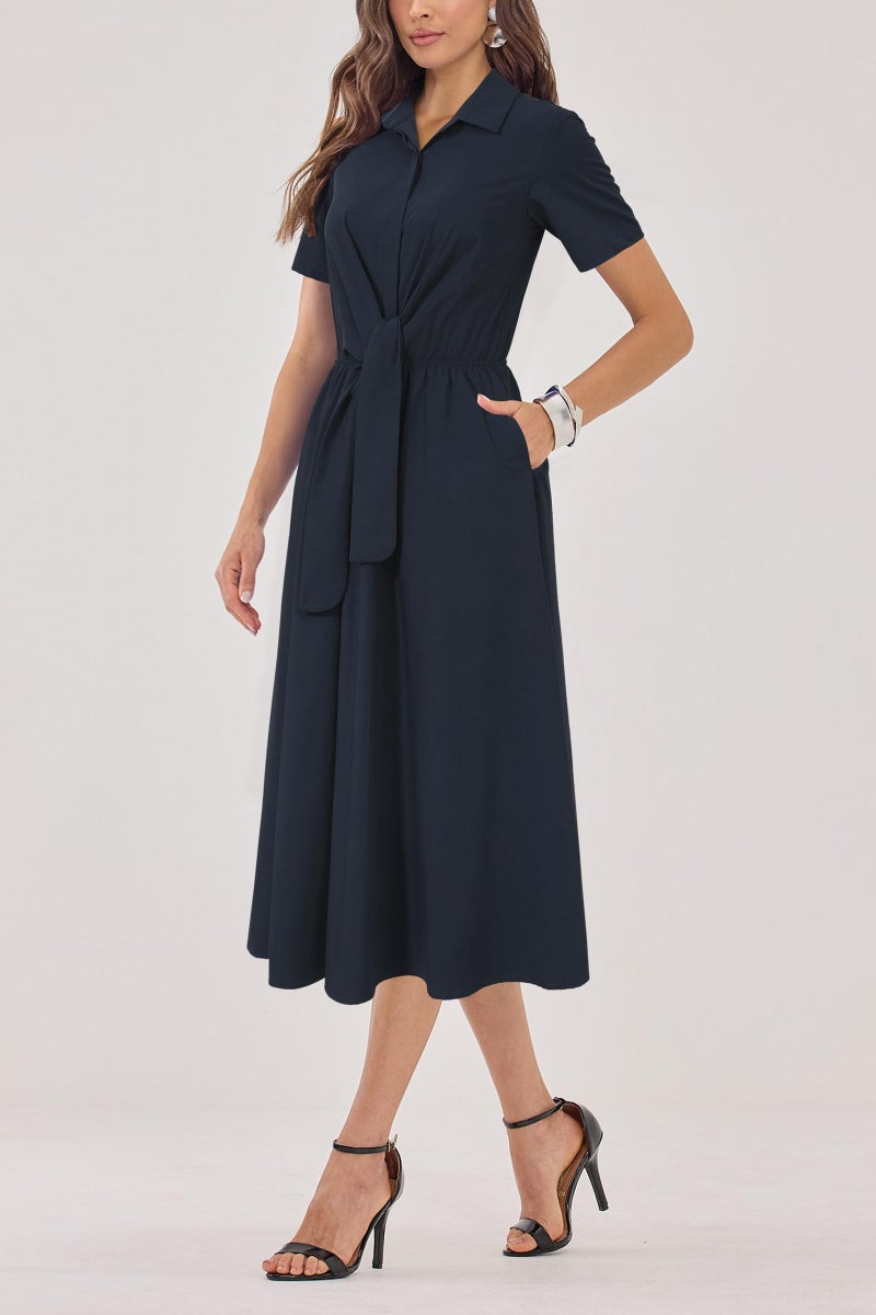 Newshows Womens Wear to Work Navy Blue Business Casual Outfits Teacher Tie Waist Shirt Summer Church Funeral Long Midi Pocket Dresses Office Attire Dressy (Navy,L) - Image 4