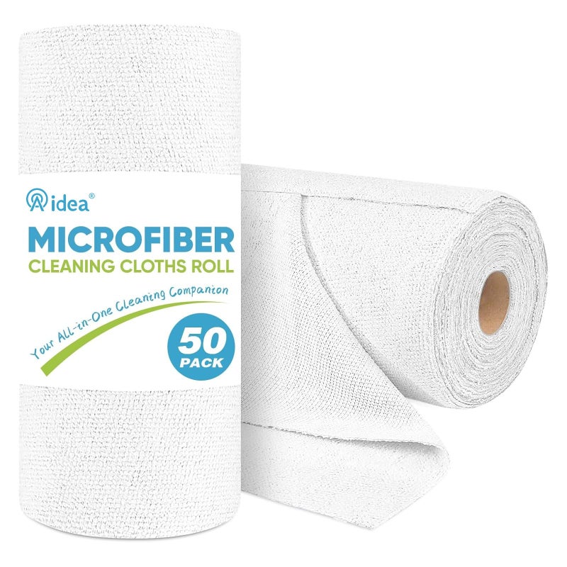 AIDEA Microfiber Cleaning Cloth Roll, White 50PK, Tear Away Reusable Paper Towels, Commercial Shop Rags, Microfiber Towels for Cars, Lint Free Rags for House, Kitchen, Automotive, 11.5"Ã—11.5" - Image 1