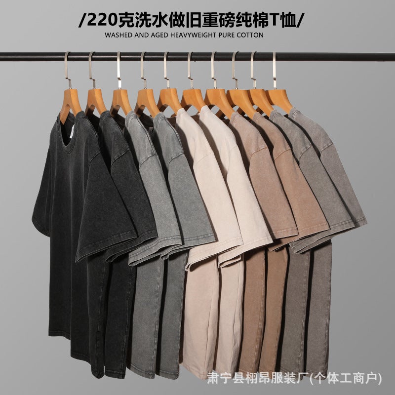 Heavy Cotton Washed Old T-Shirt American Retro Loose Trendy Short-sleeved Men's and Women's Casual All-match Shoulder Half-sleeved Shoulder - Image 2