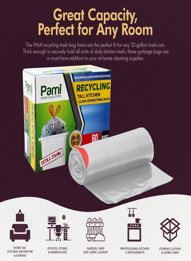 PAMI Recycling Tall Kitchen Drawstring Trash Bags- Extra-Strong Plastic Garbage Bags- Thick Trash Can Liners For Kitchen & Outdoor Bins- 2ft x2ft Unscented Trash Bags (13 Gallon – 60 Count – Clear) - Image 3