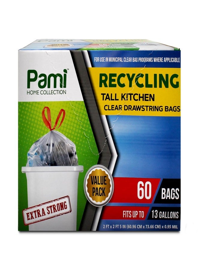 PAMI Recycling Tall Kitchen Drawstring Trash Bags- Extra-Strong Plastic Garbage Bags- Thick Trash Can Liners For Kitchen & Outdoor Bins- 2ft x2ft Unscented Trash Bags (13 Gallon – 60 Count – Clear) - Image 1