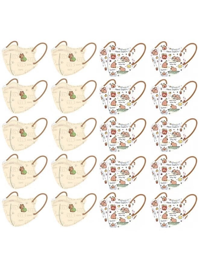 Happy D 20 Pcs Little Capybara Cartoon Masks Set, Dust Proof Sun Protection Fabric Face Covering (Brown+White) - Image 1