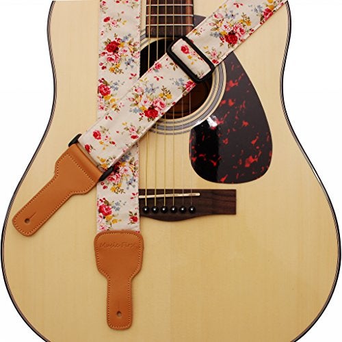 MUSIC FIRST Original Design, 2 inch width (5cm), “Rosa Multiflora in Cream” Padded Soft Muslin & Genuine Leather Floral Guitar Strap Electric Guitar straps - Image 1