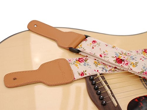 MUSIC FIRST Original Design, 2 inch width (5cm), “Rosa Multiflora in Cream” Padded Soft Muslin & Genuine Leather Floral Guitar Strap Electric Guitar straps - Image 4
