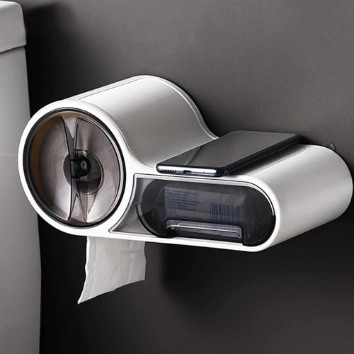 FABWARE Self Adhesive Toilet Paper Holder for Bathroom | No Drill Wall Mount Tissue Roll Holder with Transparent Cover Space Saving Bathroom Organizer | Phone Shelf Waterproof ABS Design - Image 1