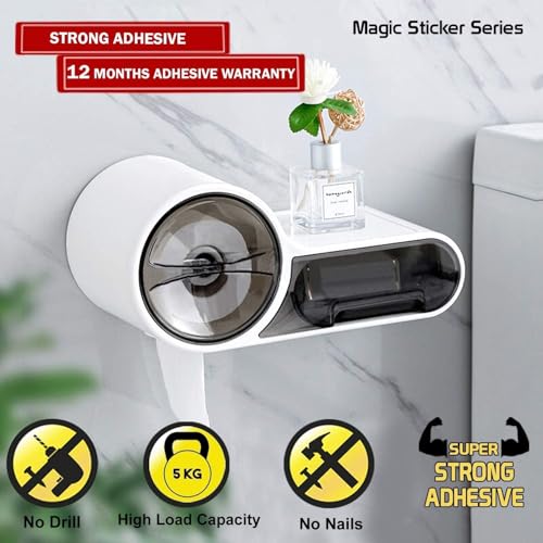 FABWARE Self Adhesive Toilet Paper Holder for Bathroom | No Drill Wall Mount Tissue Roll Holder with Transparent Cover Space Saving Bathroom Organizer | Phone Shelf Waterproof ABS Design - Image 3