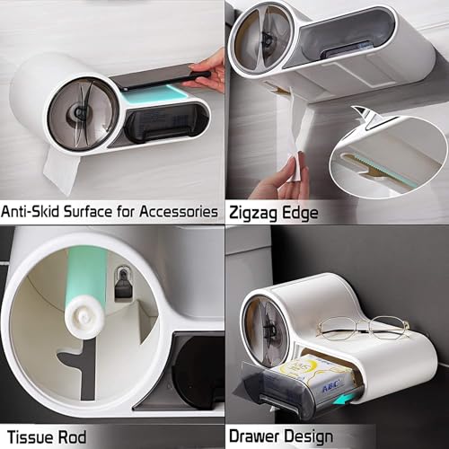 FABWARE Self Adhesive Toilet Paper Holder for Bathroom | No Drill Wall Mount Tissue Roll Holder with Transparent Cover Space Saving Bathroom Organizer | Phone Shelf Waterproof ABS Design - Image 4