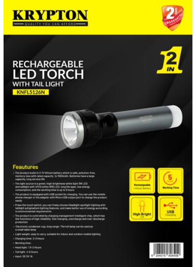 Krypton Rechargeable LED Torch with Tail Light KNFL5126 – Dual Lighting Modes, Intelligent Charging, Portable 5 Hours Runtime, Indoor & Outdoor Use, Black - Image 5