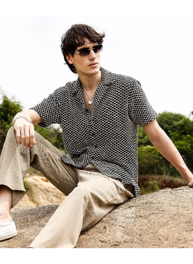 CAHOOT  Men's Midnight Black & Powder White Contrast Rhombus Oversized Shirt for Men | Best Price UAE