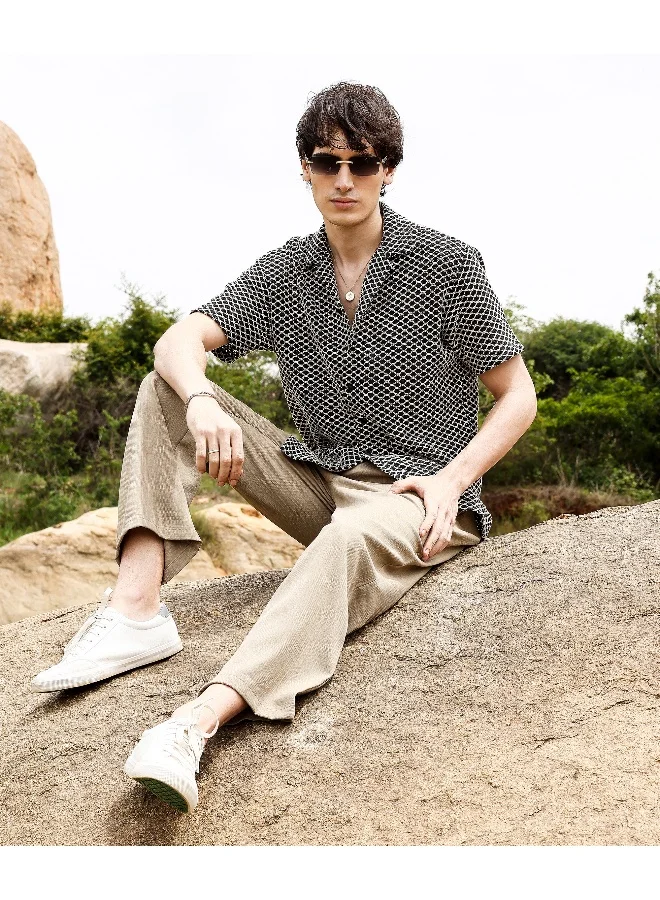 CAHOOT  Men's Midnight Black & Powder White Contrast Rhombus Oversized Shirt for Men | Best Price UAE