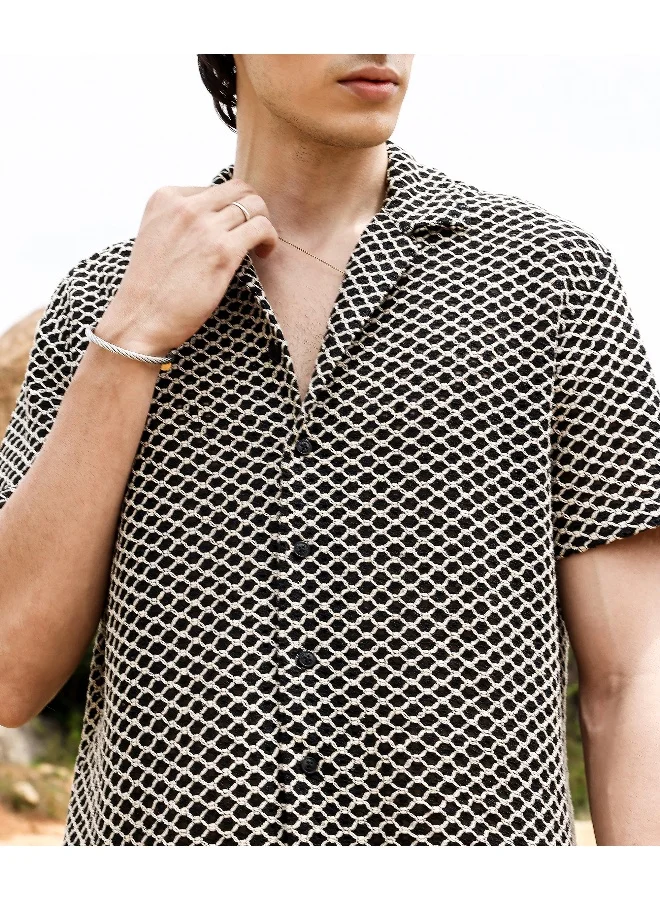 Men's Midnight Black & Powder White Contrast Rhombus Oversized Shirt