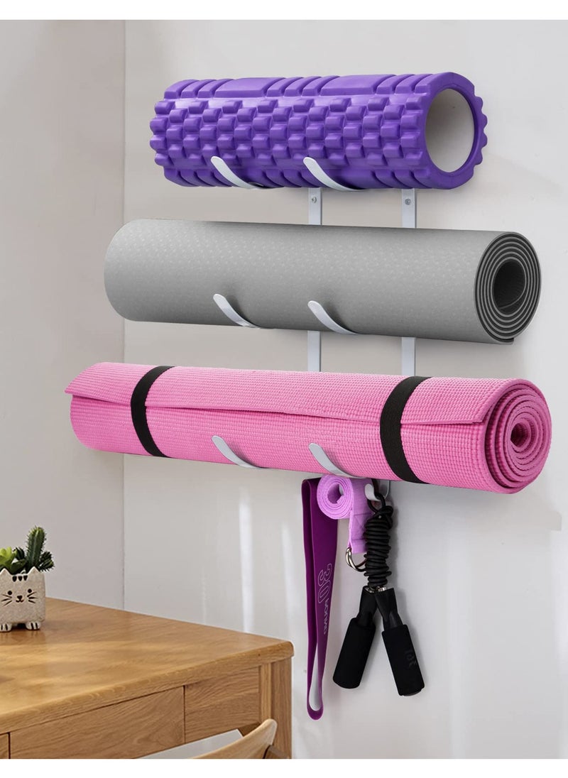Generic Wall Mounted Storage Rack, Yoga Mat & Home Gym Accessories Organizer, Versatile Floating Storage for Bathroom, Kitchen, & Dining Room - 3-Tier Shelf with Hooks for Foam Rollers, Resistance Bands, Towels, and More, Sturdy & Easy Assembly  - Image 1